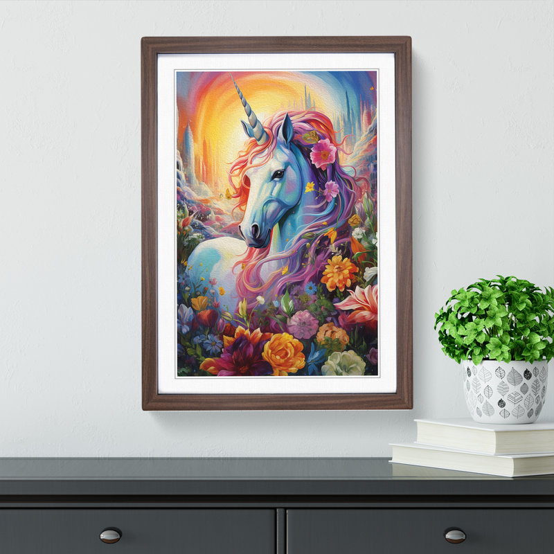 Unicorn Colour Field - Single Picture Frame Print on Wood, Walnut Framed, 46cm H x 34cm W