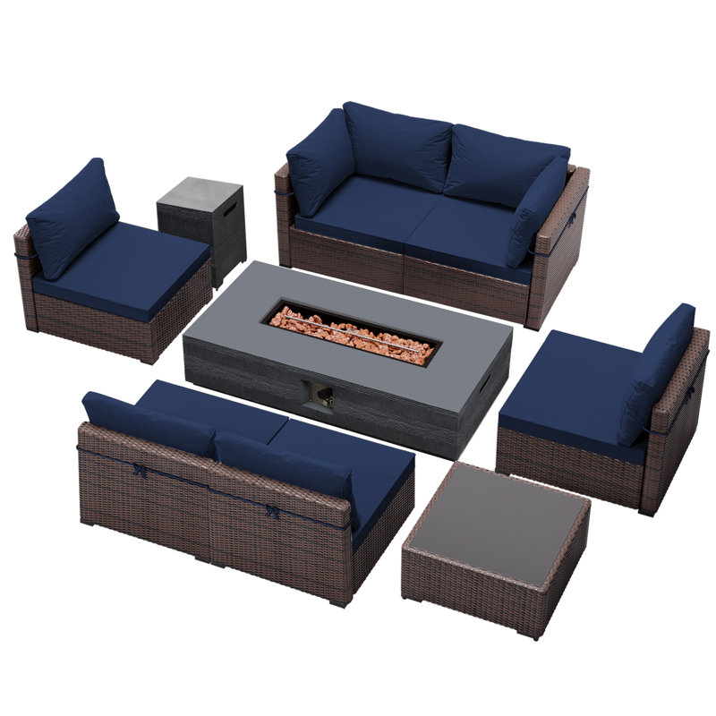 Ensemble de conversation modulaire en rotin 9 pièces avec coussins 9 pièces, Bleu marine