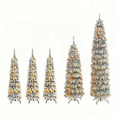 Set of 5 Pre-Lit Snow Flocked Pencil Christmas Trees, with 1820 Branch Tips and 350 LED Lights, 11 Lighting Modes