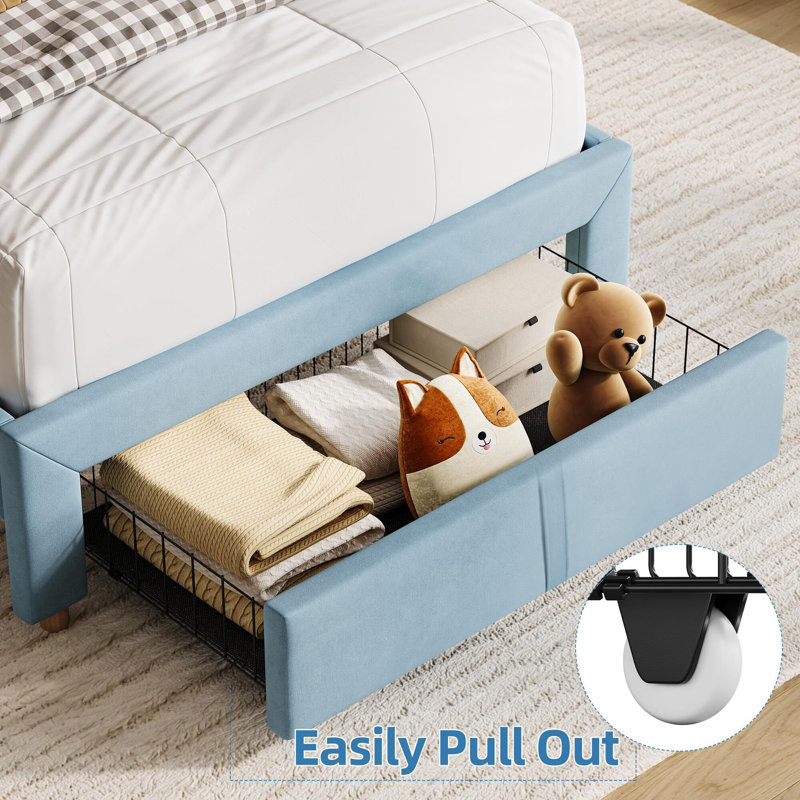 Bed Frame With Drawer, Velvet Upholstered Platform Bed Frame With Storage Headboard, Blue