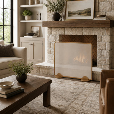 Freestanding Single‑Panel Gold Metal Fireplace Screen, Decorative Spark Screen for Home Wood Burning Fireplace, 38" W x 32" H