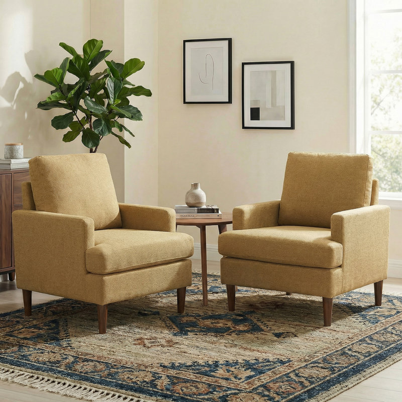 Clancy Armchair With Solid Wood Legs, Mocha Legs Yellow Fabric