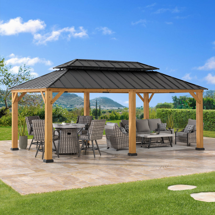 Sunjoy 12x20 ft. Wood Gazebo, Outdoor Patio Steel Hardtop Gazebo with 2-tier Metal Roof, Suitable for Patios, Lawn and Backyard, Matte Black Roof