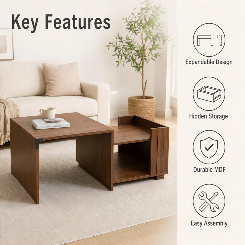 Table basse extensible en noyer avec rangement dissimulé, table basse moderne pour canapé, marron, Brun