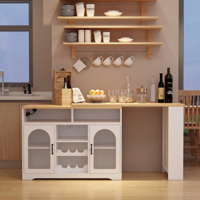 Mobile Bar Cabinet with Extendable Pull-Out Tabletop, LED Lighting, Wine Rack & Side Power Outlet – Counter Height Wine Cart on Wheels for Living Room, Kitchen, and Entertaining