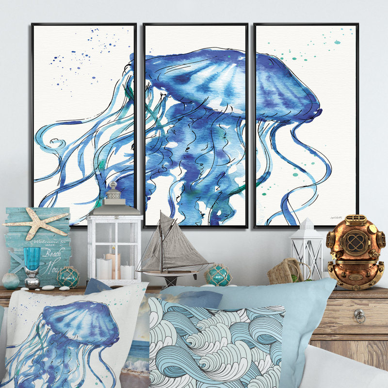 «Blue Deep Sea X», ensemble d'art mural sur toile encadré nautique et côtier, L 36 po x H 28 po, Cadre noir