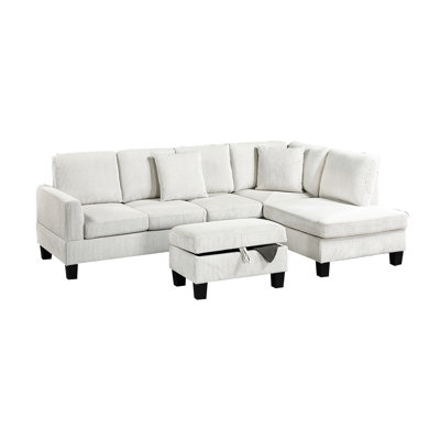 Beige Corduroy 3 With Chaise, , And Storage For Modern Casual Living, Square Arms Sectional In Living Room, Comprising ,