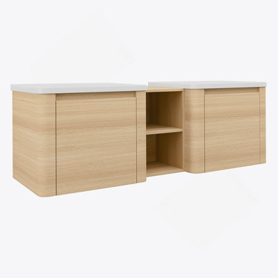 60'' Wall-Mounted Bathroom Vanity With White Ceramic Sink, Storage Shelves, And Soft-Close Doors, Plywood Construction, American White Oak Finish