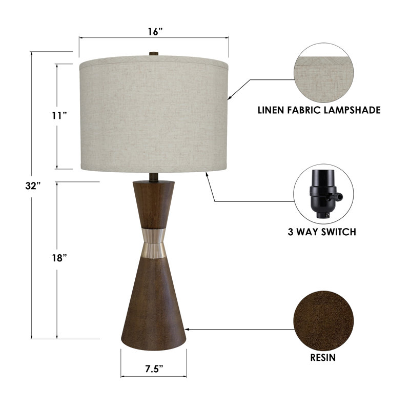 Lampe de table Hourglass - 77,5 cm (30,5 po) en résine et métal - Brun, fini doré, Gris, Brun