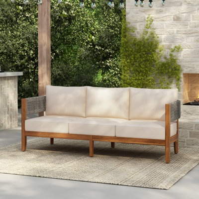 Chalamet Outdoor Acacia Wood 3-Seater Sofa With Woven Rope & Cushions by Ebern Designs