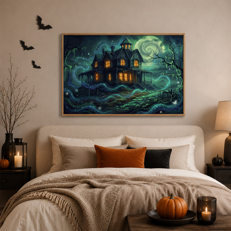 Art mural sur toile gothique, maison hantée avec fenêtres brillantes sous Halloween, H 18 po x l 24 po