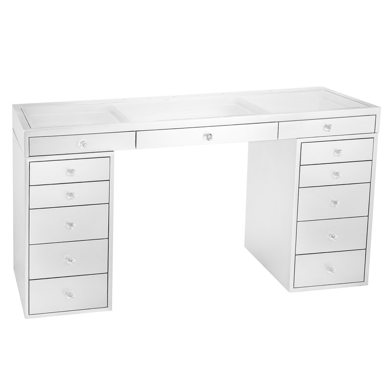 Slaystation Pro Premium Makeup Desk with Clear View Glass, Soft Close Drawers with Crystal Lux Knobs, Silver