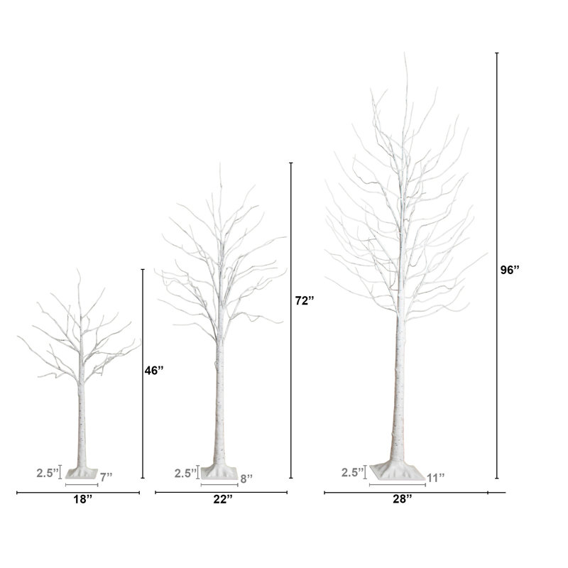 4Ft. 6Ft. 8Ft. Pre-Lit Artificial White Birch Trees With LED Lights - Set Of 3