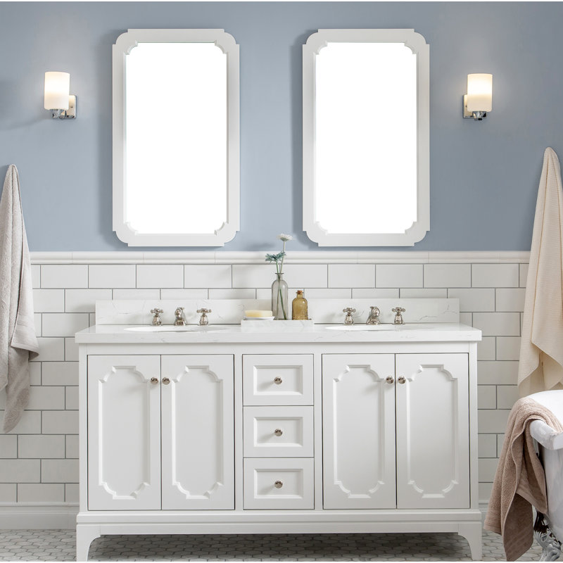 Queen 60" Sink Carrara Engineered Marble Countertop Bath Vanity with Mirror, Pure White, 60" W