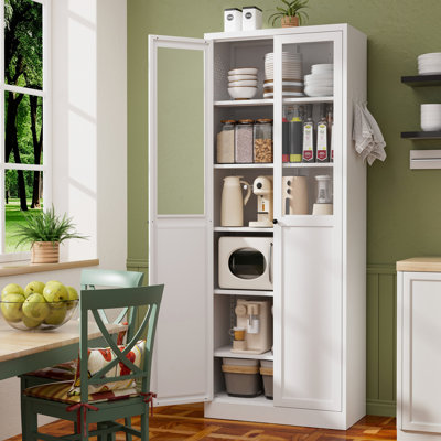 White Metal Storage Cabinet, 72" Tall, 5 Adjustable Shelves, Tool - Assembly, Silent Magnetic , Wall Anchoring For Stability 72 Inch Tall Cabinet With Finish, Heavy Duty Kitchen, Bathroom, Modern