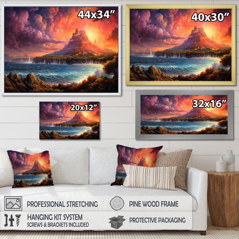 «Tropical Volcano Paradise», reproduction sur toile, H 12 po x l 20 po x P 1 po, Cadre doré à une seule photo