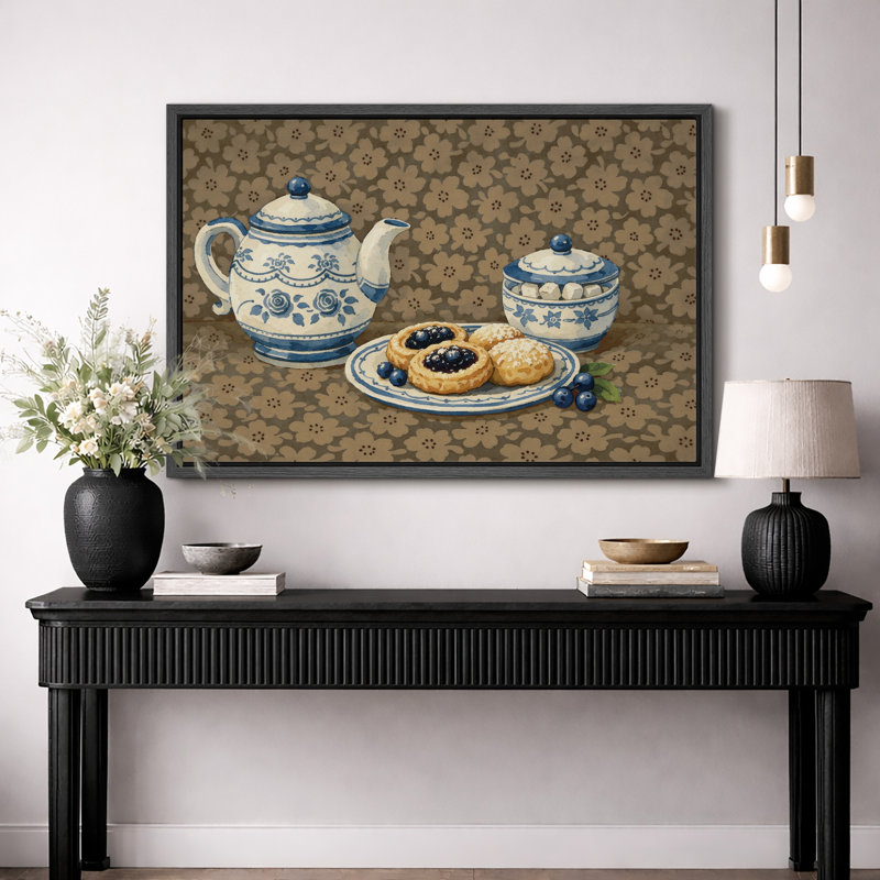 Théière florale bleue et pâtisserie, art de la nature morte, H 16 po x l 24 po, Cadre flottant noir
