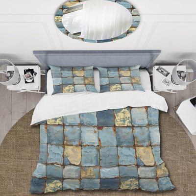 Ensemble de housse de couette bleu et or délavé Brick Charm I - Country