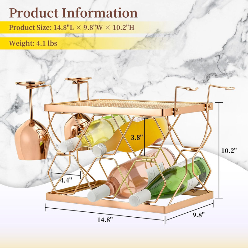 Le porte-bouteilles de vin peut contenir 6 bouteilles surdimensionnées et 4 verres, un support de bouteille en métal autoportant pour l'armoire de cuisine (or rose)