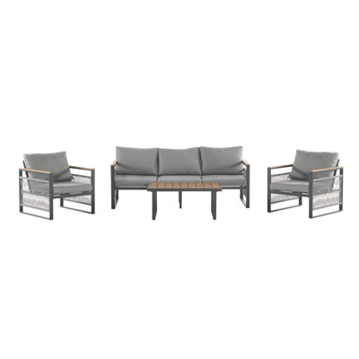 4-Pieces Outdoor Metal Patio Furniture Set, 5-Seat Patio Furniture Sofa Set With Cushion, Modern Outdoor Furniture Deep Seating For Porch, Garden, Backyard, Balcony, Grey & Natural, Outdoor Patio Sofa Outdoor Set