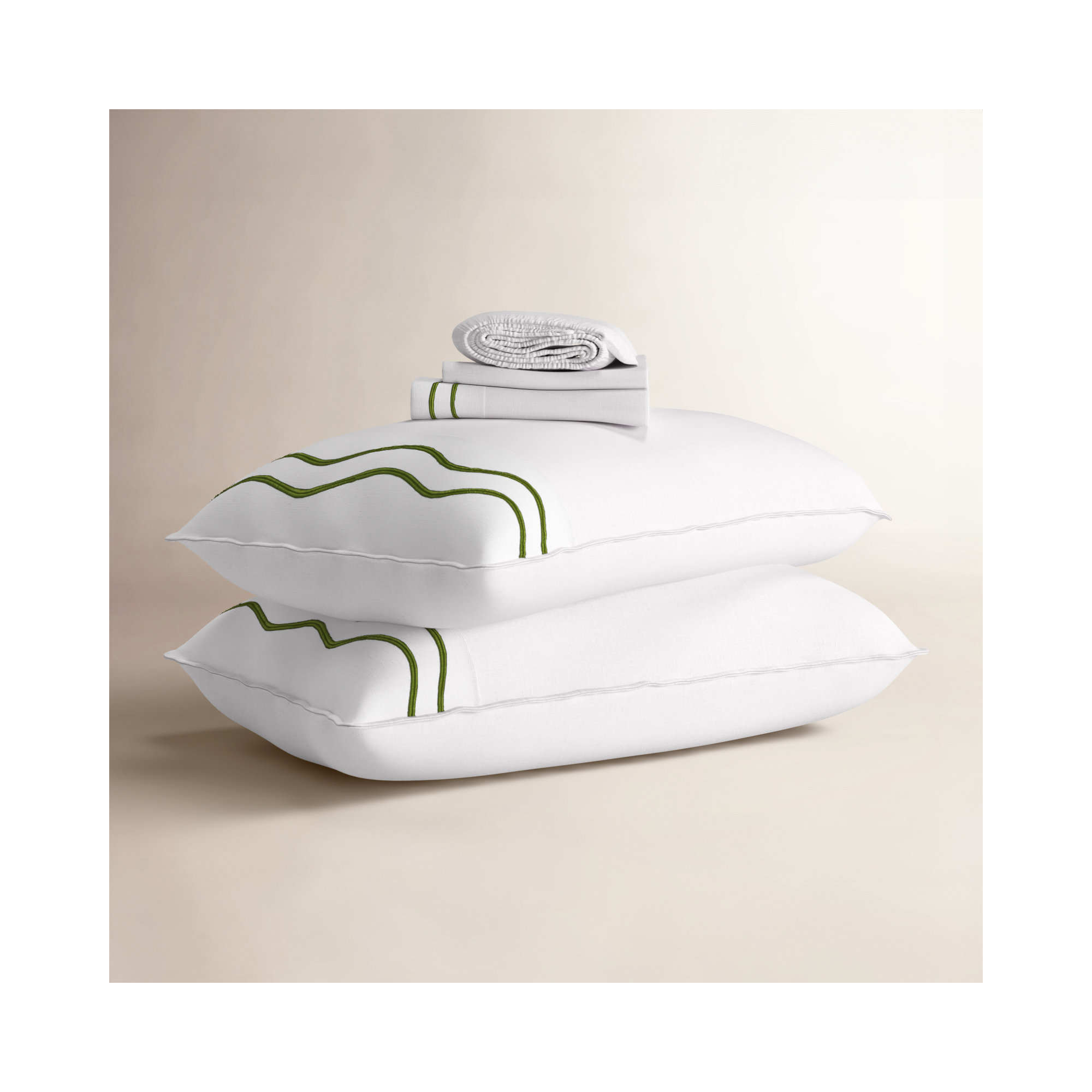 Double Stitch 100% Supima Cotton Sateen Weave Embroidery Sheets Set, Queen Sheet Set, Olive Green White
