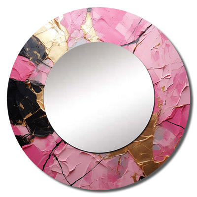 Minimalism Pink Gold Poteries I - Abstract Spirals Large Mirror, Modern Round Decorative Wall Mirror, Printed Metal Art