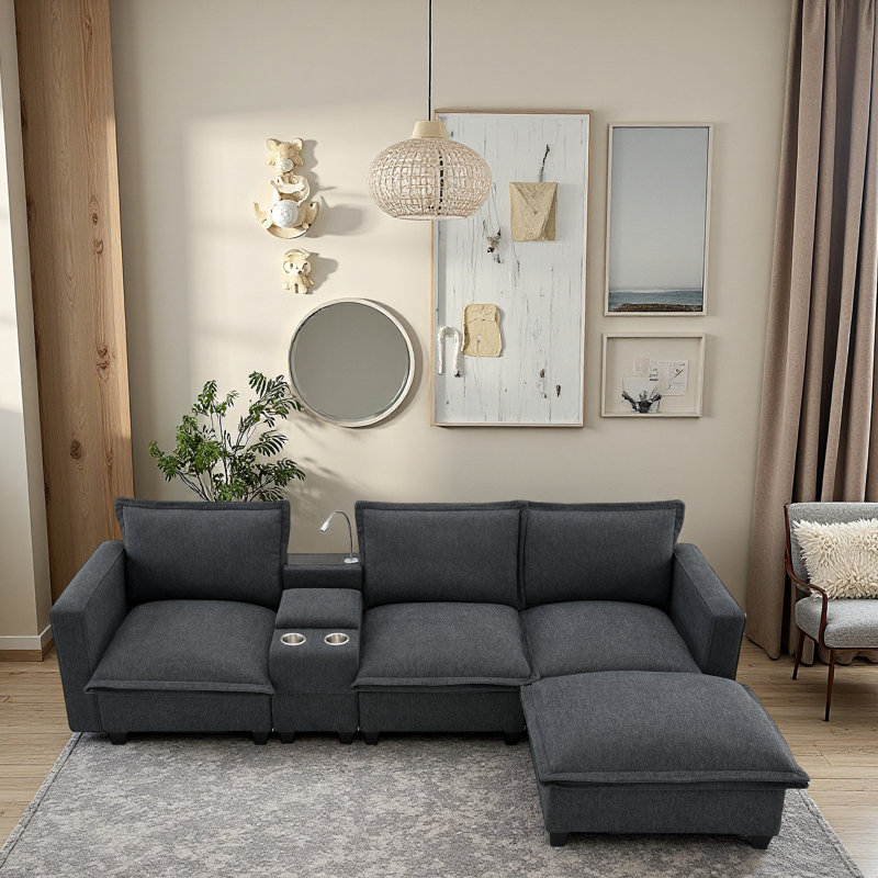 Modular Cloud Sectional | 4-Seat Sofa with Console, USB Charger, Reading Light & Cup Holders for Living Room, Gray Chenille
