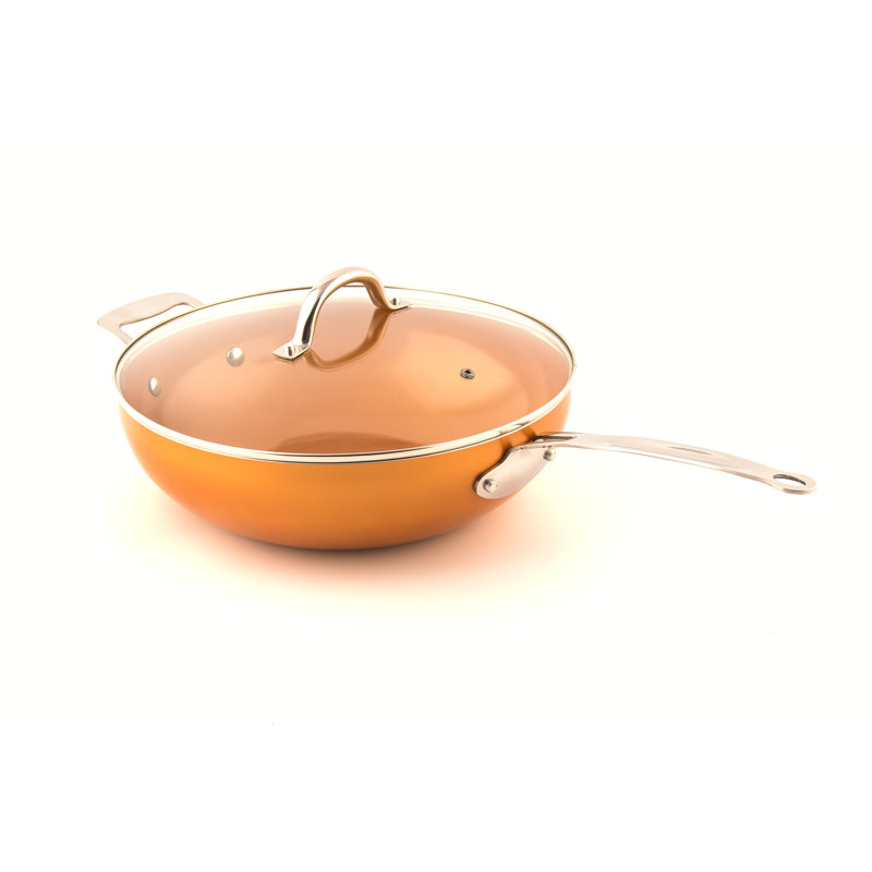 Masterpan Chef's Wok & Glass Lid, Copper Color Ceramic Non-Stick Coating, 12"