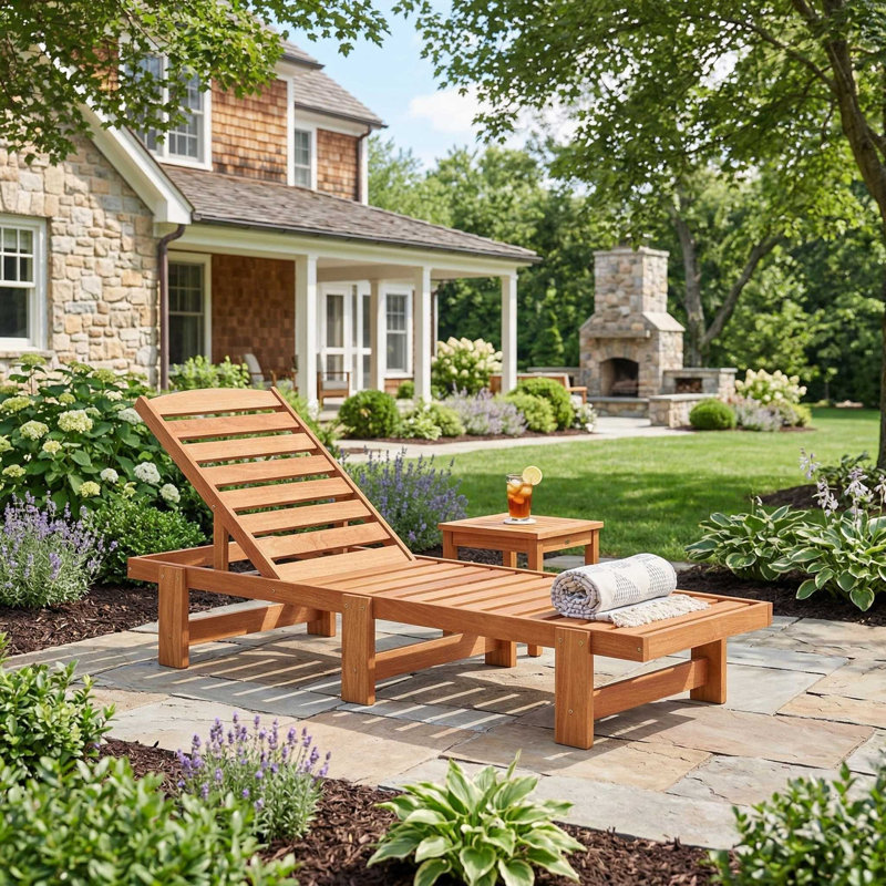 Fauteuil inclinable de patio en bois massif toutes saisons, dossier réglable à plusieurs vitesses et surface à lattes respirante, convient au bord de la piscine, dans la cour