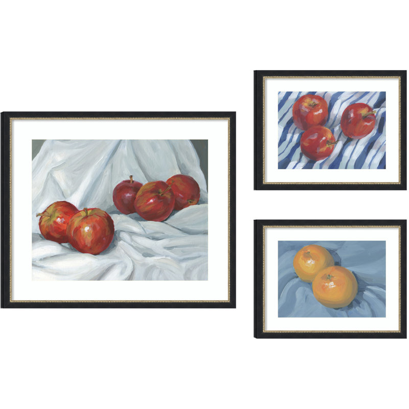 "Pommes et oranges sur bleu" par Carrie Arnold, reproduction d'art encadrée, Umber brown grey