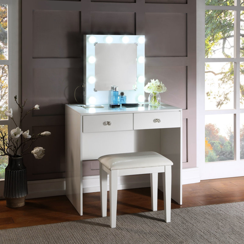 Bedroom White Makeup Vanity With 10 Lights, 2 Drawers, Port And Power Outlet - Modern Style 2 Stool, & Luxury, White