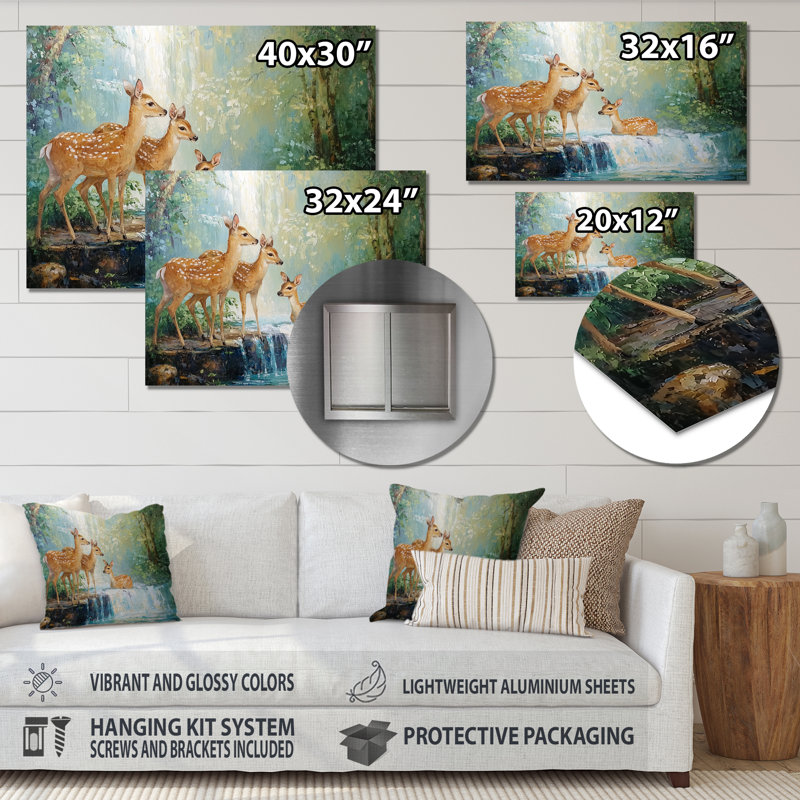 «Deer Family By A Waterfall II», reproduction d'art en métal, H 12 po x l 20 po
