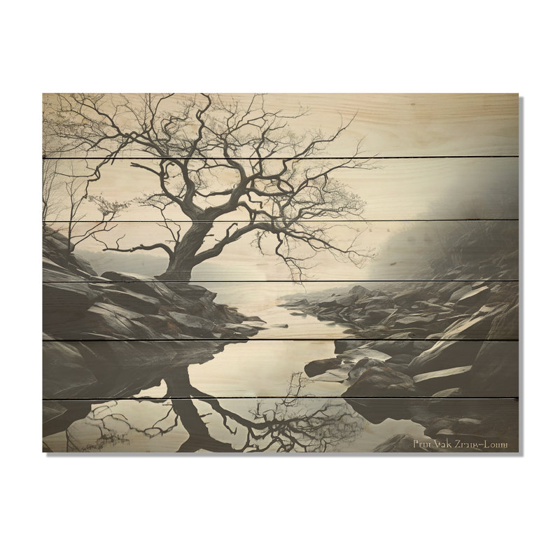 Moody Lake Fog Charm - Lake River Wood Wall Art On Natural Pine Wood, 24" H x 32" W