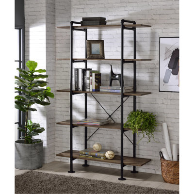 Industrial Rustic Oak And Black Bookcase With 5 Shelves - Versatile Storage For Bedrooms Functional Style