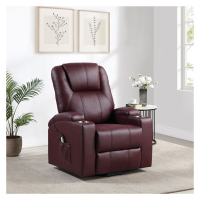 Fauteuil releveur électrique Macklin rouge vin avec revêtement rembourré, fonction chauffage et massage