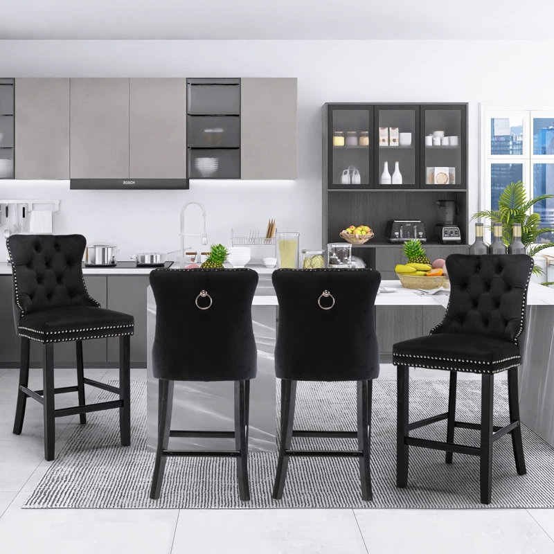 Black Velvet Upholstered Bar Stools with Wood Legs, Set of 4
