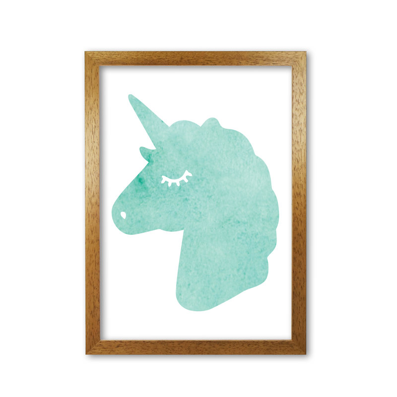 Mint Unicorn Head - Print, Honey Oak Frame, 42 cm H x 30 cm W x 5 cm D