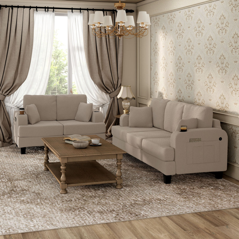 Viafora 3-Piece Boucle Sofa Set, 2 Pcs: Sofa, Loveseat, Beige