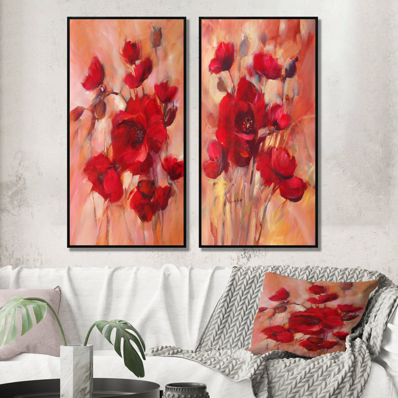 «Red Blooming Poppies», ensemble de 2 impressions sur toile, H 40 po x l 40 po x P 1 po, Cadre flottant noir