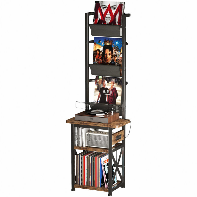 Record Player Stand With Power Outlet, 6-Tier Display Shelf, Holds 200 Albums