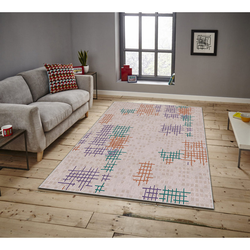 Tapis rectangulaire tissé à la machine en polyester taupe / mauve / bleu sarcelle Cantillo, Rectangle 5 pi 3 po x 7 pi 7 po