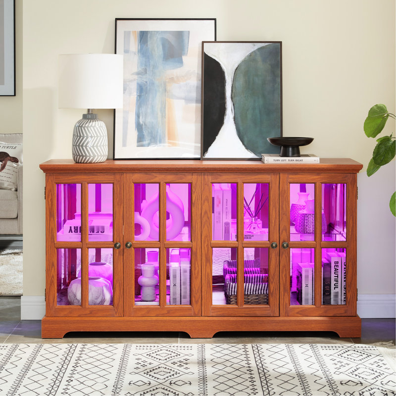 Vitrine antique en verre chêne foncé avec portes grillagées, tablettes réglables et étagères d'armoire avec système d'éclairage, poignées en métal, DEL télécommandées pour la décoration intérieure de l'espace de bureau