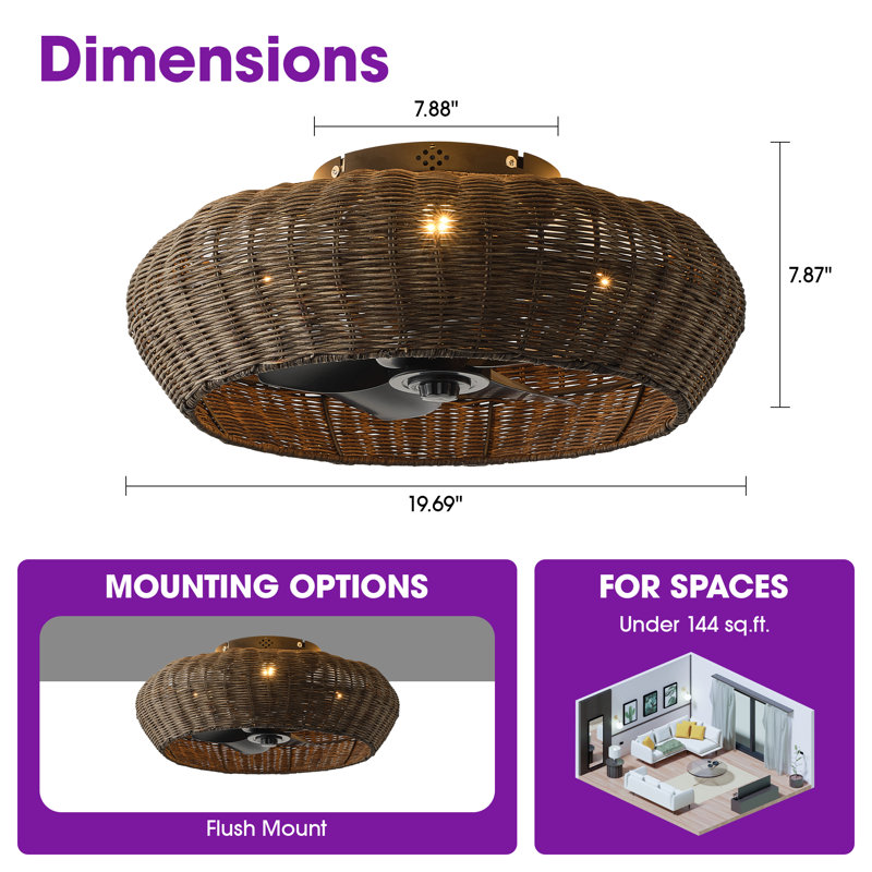 Ventilateur de plafond encastré de 50 cm (20 pouces) en rotin tressé de style bohème avec lumière et télécommande, ventilateur de plafond lustre noir vieilli