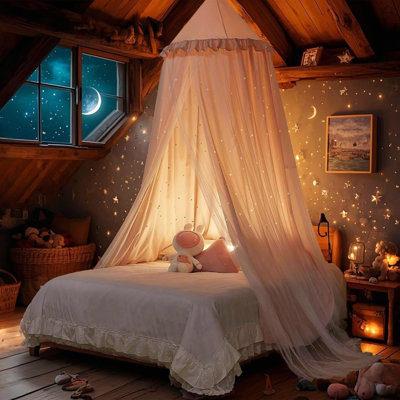 Princess Bed Canopy For Girls, With Cutout Stars, Pink, 65 X 65Cm