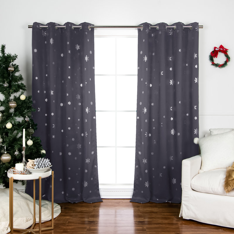 Corderius Polyester Snowflake Silver Foil Print Blackout/Room Darkening Thermal Grommet Curtains, Grey, 52" W x 63" L