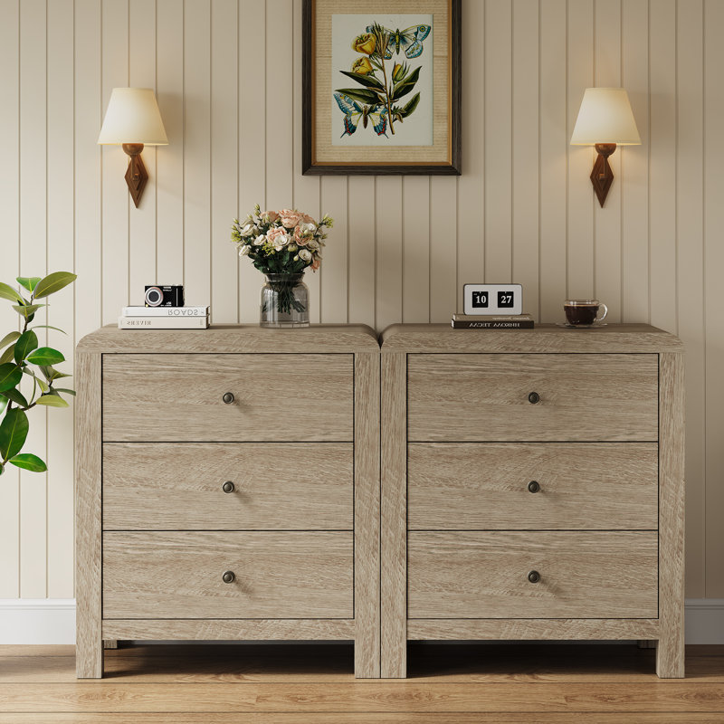 Table de chevet 3 tiroirs pour chambre à coucher, ensemble de 2, Brun