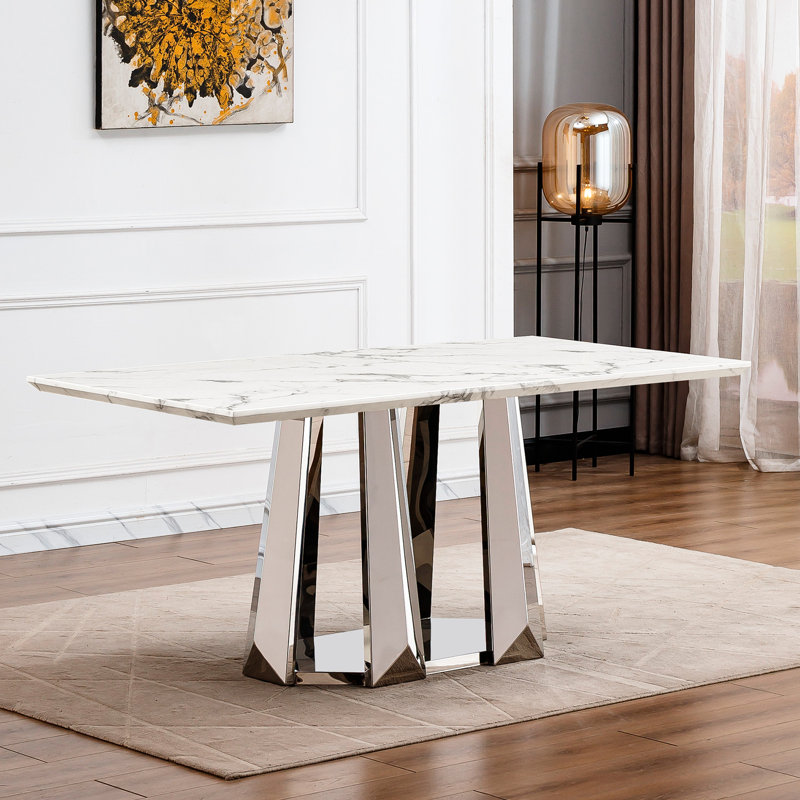 Table de salle à manger rectangulaire 70 po en faux marbre 70 po, base en acier inoxydable, table artisanale exquise 70 po