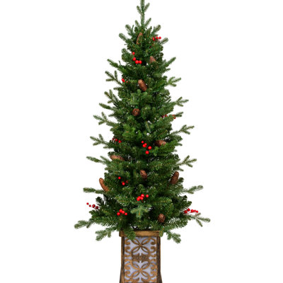 Arbre de Noël de 4 pi avec 100 baies rouges multicolores, 396 PE / embouts, baies réalistes et pot décoratif scintillant, base en pin