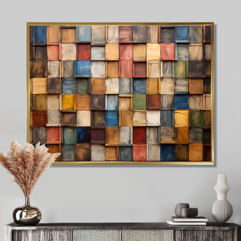 Carreaux colorés de couleurs terreuses III - art mural mosaïque Boho, Cadre flottant doré, H 24 po x l 32 po x P 1 po