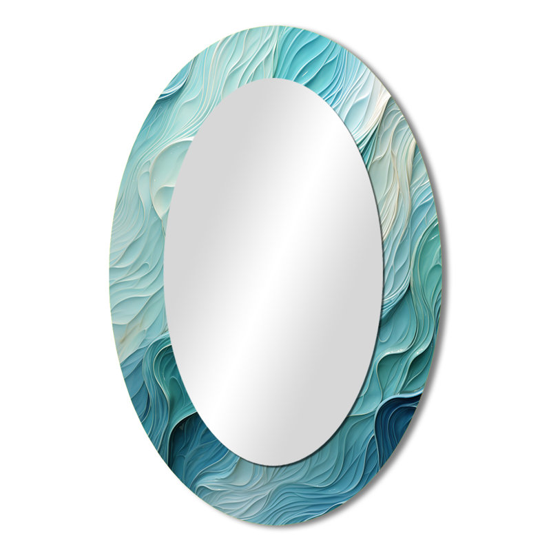 Turquoise bleu et blanc Serenity Swirl I - miroir mural ovale moderne, 36 po x 24 po